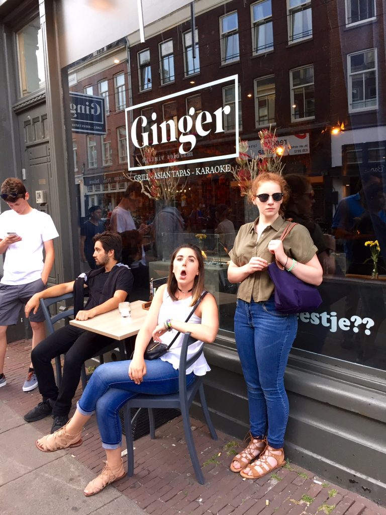 Brendan, Ashton, Taylor, and Maggie pause outside Ginger, our post dinner karaoke stop for the evening!