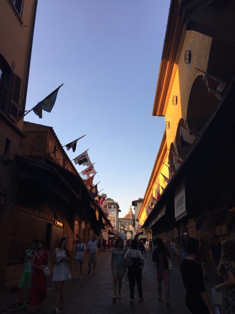 On our last night in Florence, we walked through plazas to the lovely Ponte Veccio, where we heard live music on the bridge at golden hour before dinner.